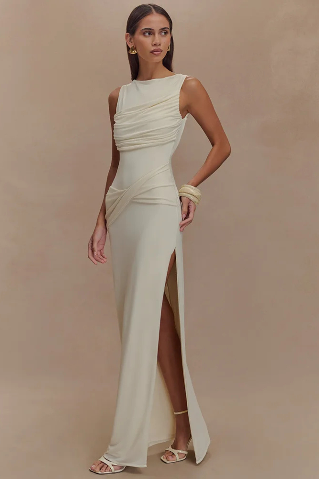 Women Round Neck Sleeveless Ruched Backless Slit Baby Shower Maxi Dress – Modern Everyday Look – White – M