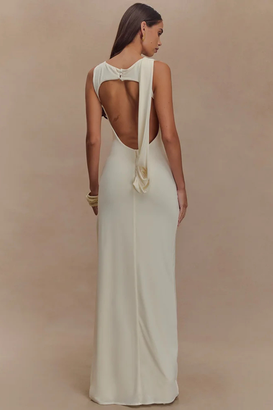 Women Round Neck Sleeveless Ruched Backless Slit Baby Shower Maxi Dress – Modern Everyday Look – White – S