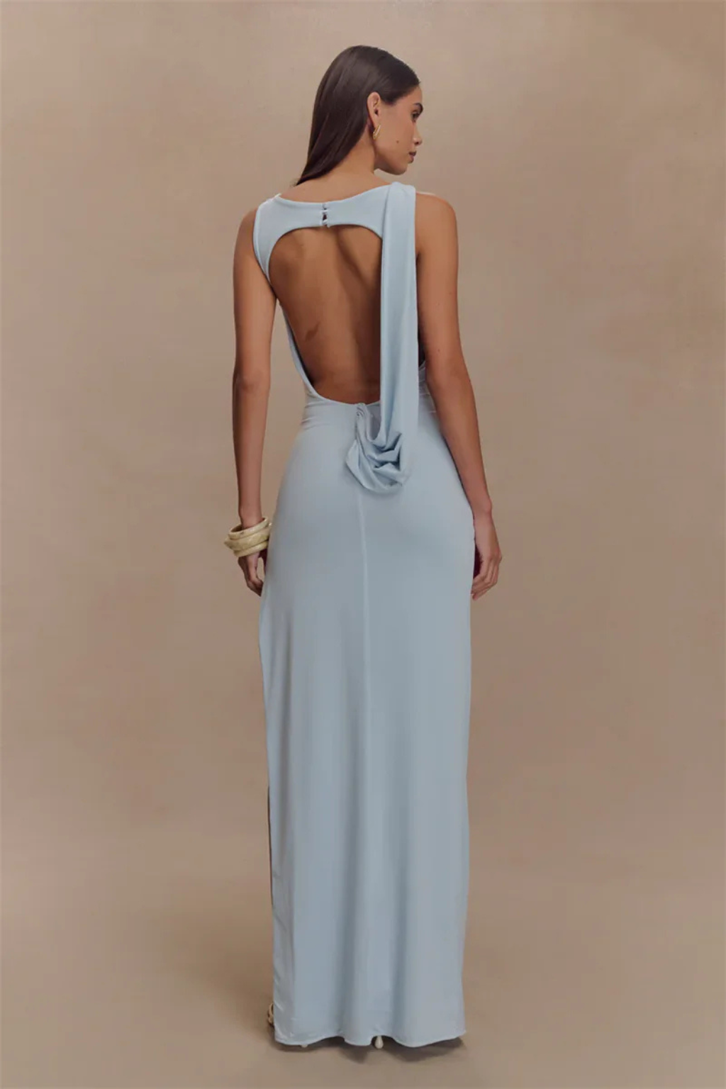 Women Round Neck Sleeveless Ruched Backless Slit Baby Shower Maxi Dress – Modern Everyday Look – Black – XS