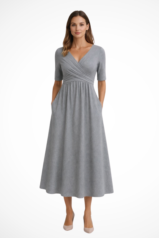 Women Wrap Front Short-Sleeve Midi Dress – Modern Everyday Look – Gray – S