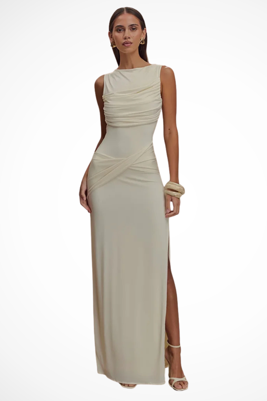 Women Round Neck Sleeveless Ruched Backless Slit Baby Shower Maxi Dress – Modern Everyday Look – White – XS