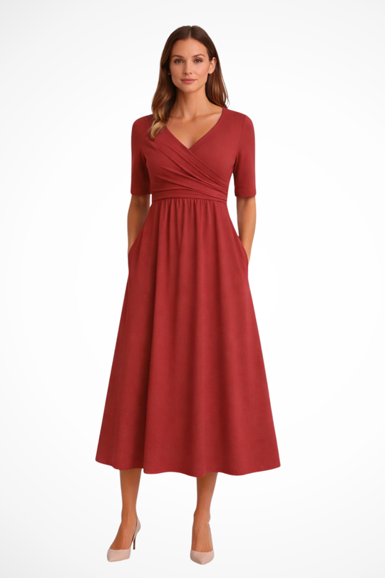 Women Wrap Front Short-Sleeve Midi Dress – Modern Everyday Look – Gray – 3XL