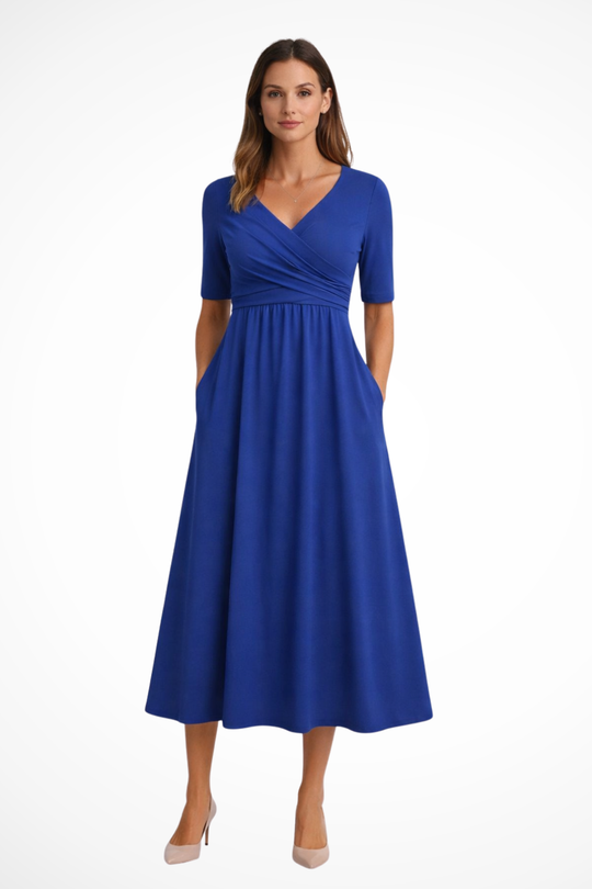 Women Wrap Front Short-Sleeve Midi Dress – Modern Everyday Look – Gray – L