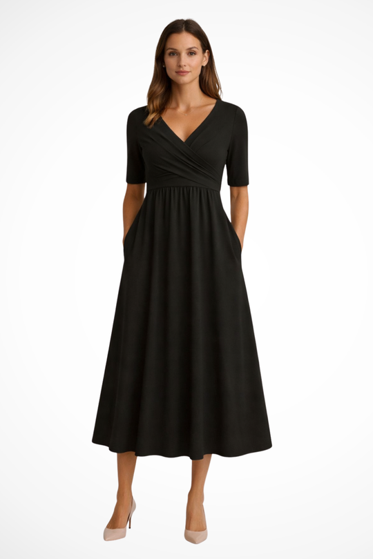 Women Wrap Front Short-Sleeve Midi Dress – Modern Everyday Look – Gray – M