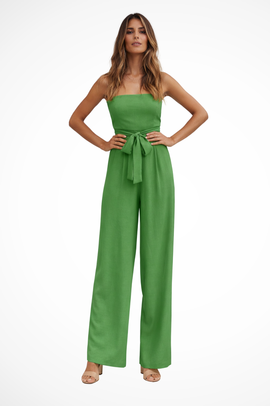 Women Strapless Bandeau Crop Top and High Waist Wide-Leg Trousers Set – Modern Everyday Look – Beige – S