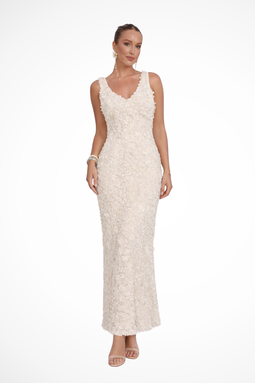 Women V-Neck Sleeveless 3d Floral Textured Fitted Wedding-Guest Dress – Modern Everyday Look – Short Dress – M