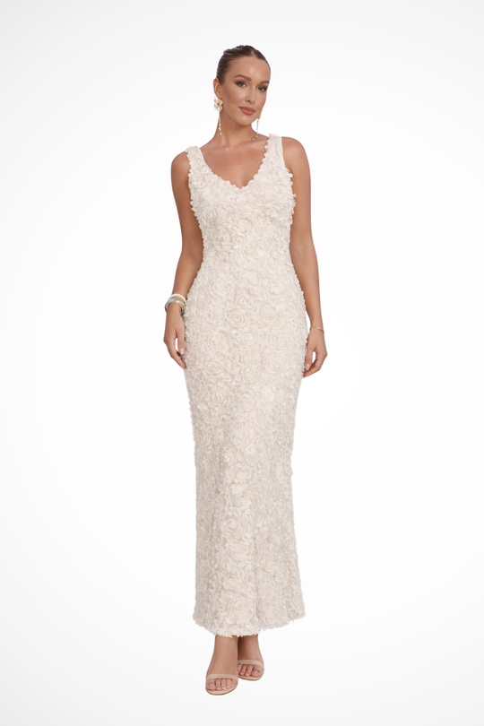 Women V-Neck Sleeveless 3d Floral Textured Fitted Wedding-Guest Dress – Modern Everyday Look – Short Dress – M