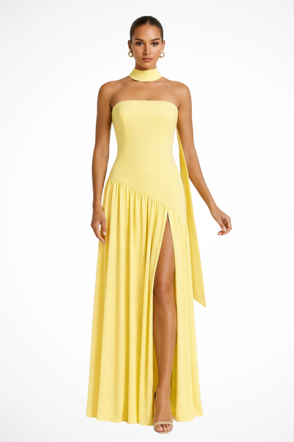 Women Strapless Maxi Dress with Side Slit – Modern Everyday Look – Yellow – XS