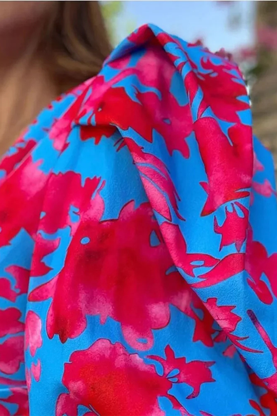 Women Printed Puff Sleeve Occasion Summer Midi Dress – Modern Everyday Look – Blue &amp; Red – XL