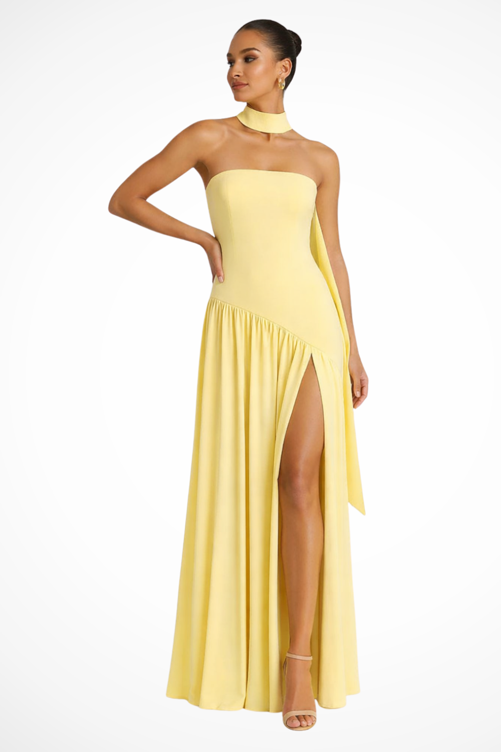 Women Strapless Maxi Dress with Side Slit – Modern Everyday Look – Yellow – S