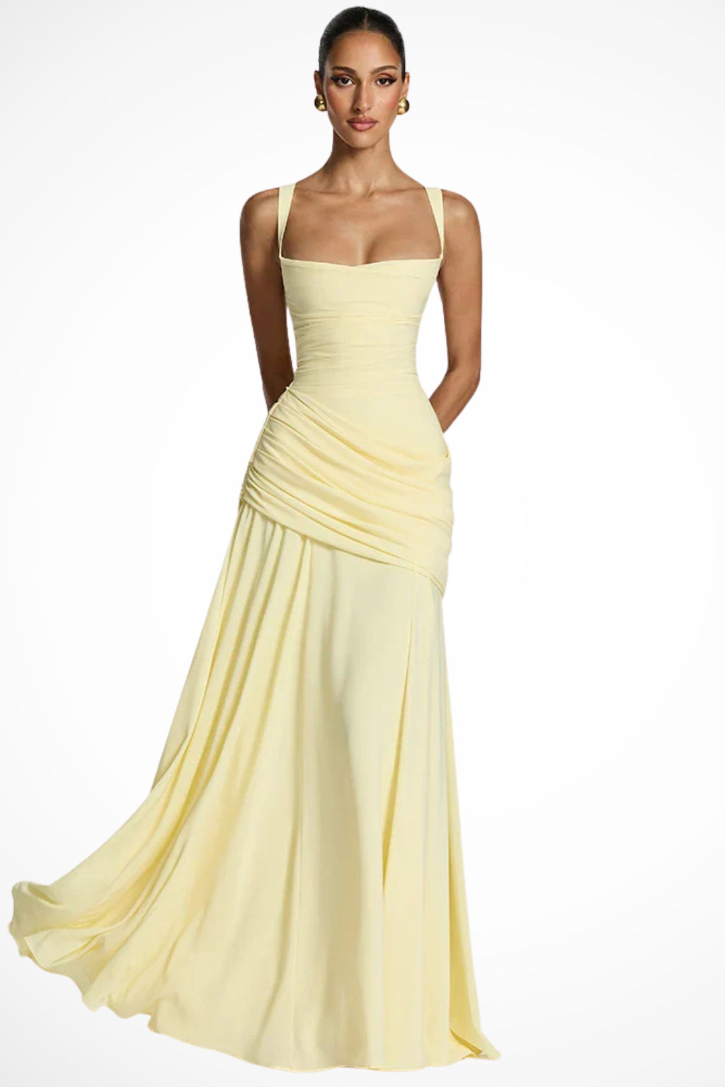 Women Square Neck Race Day Wedding-Guest Maxi Dress – Modern Everyday Look – Yellow – XS