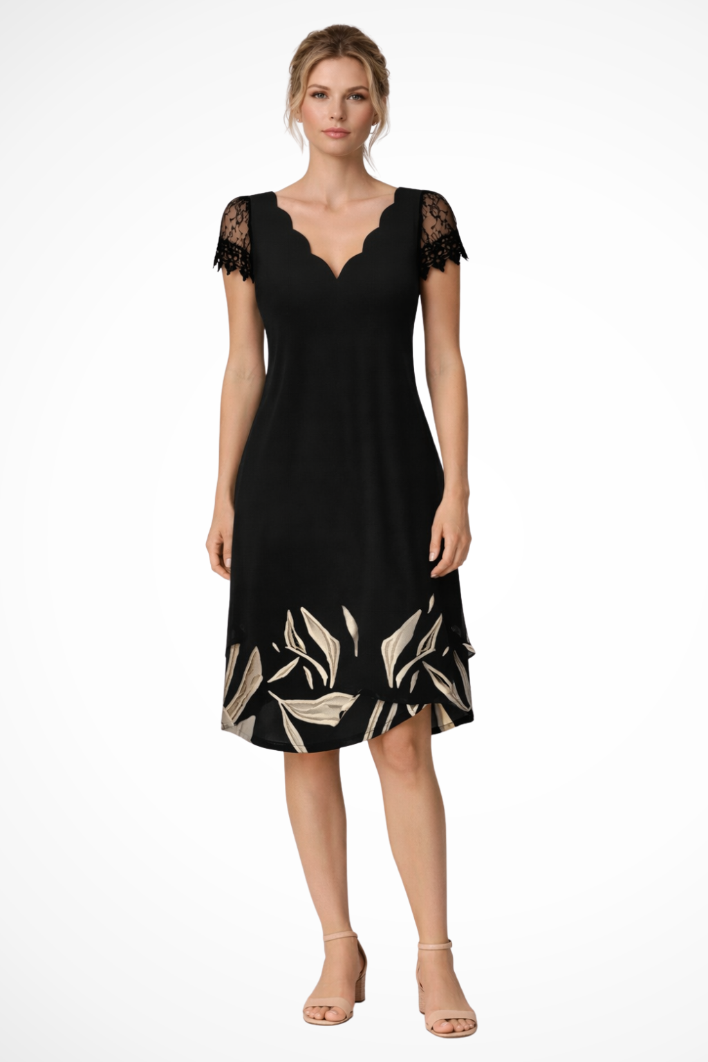 Women Lace Sleeve Midi Wedding-Guest Dress – Modern Everyday Look – Black &amp; White – M