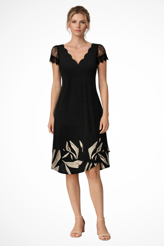 Women Lace Sleeve Midi Wedding-Guest Dress – Modern Everyday Look – Black &amp; White – M