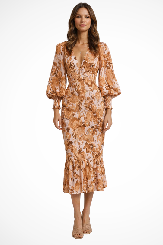 Women V-Neck Long-Sleeve Floral Summer Midi Dress – Modern Everyday Look – Blue – XS