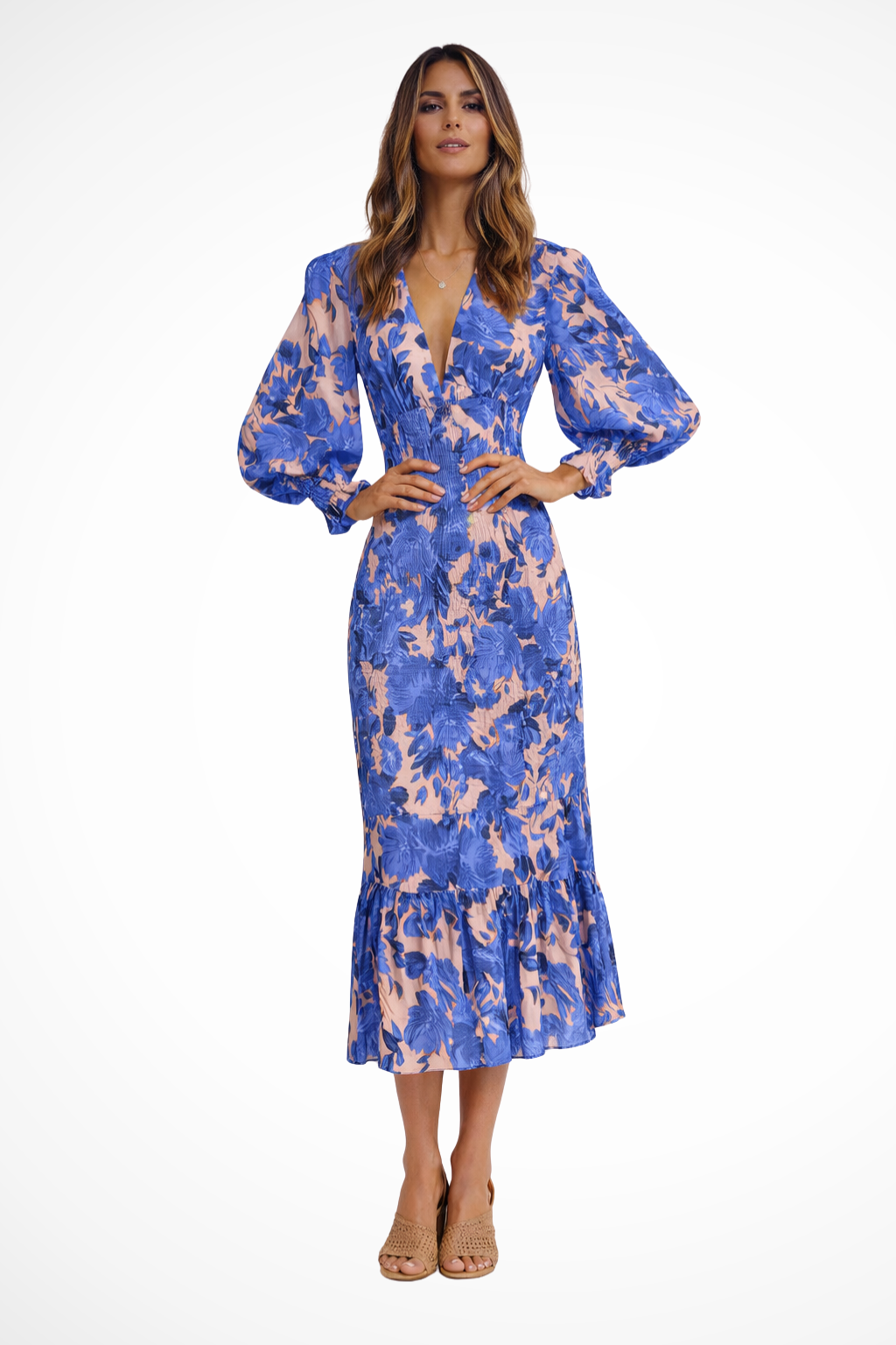 Women V-Neck Long-Sleeve Floral Summer Midi Dress – Modern Everyday Look – Orange – M
