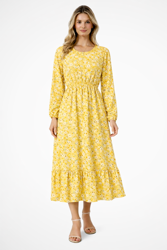 Women Floral Long-Sleeve Maxi Summer Boho Midi Dress – Modern Everyday Look – Blue – M