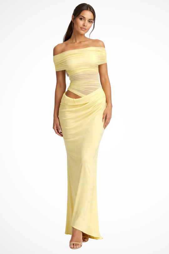 Women Off Shoulder Ruched Mesh Bodycon Wedding-Guest Maxi Dress – Modern Everyday Look – Yellow – XS