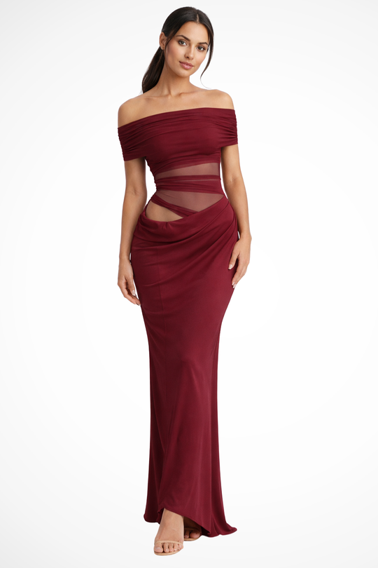 Women Off Shoulder Ruched Mesh Bodycon Wedding-Guest Maxi Dress – Modern Everyday Look – Yellow – L