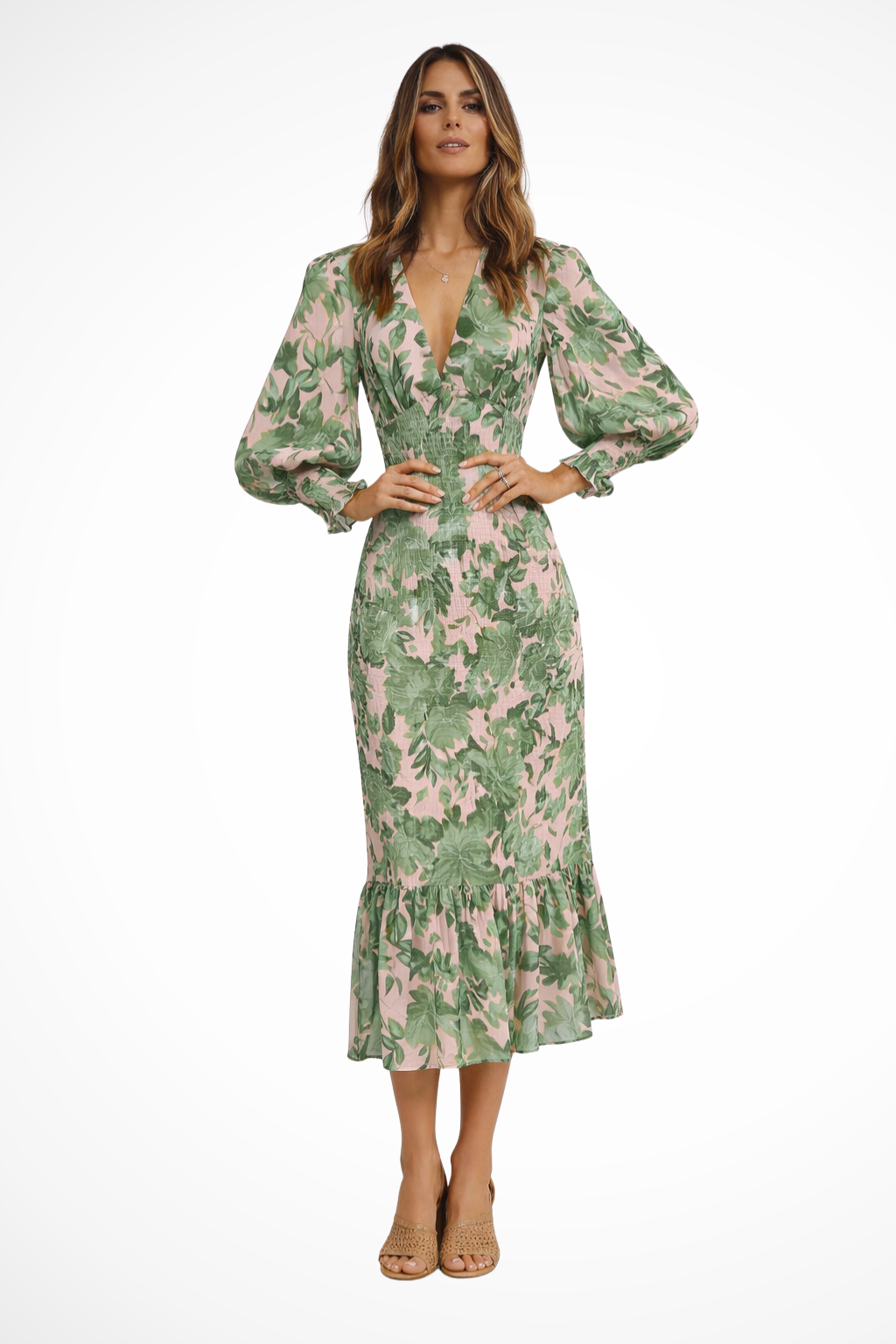 Women V-Neck Long-Sleeve Floral Summer Midi Dress – Modern Everyday Look – Orange – XL