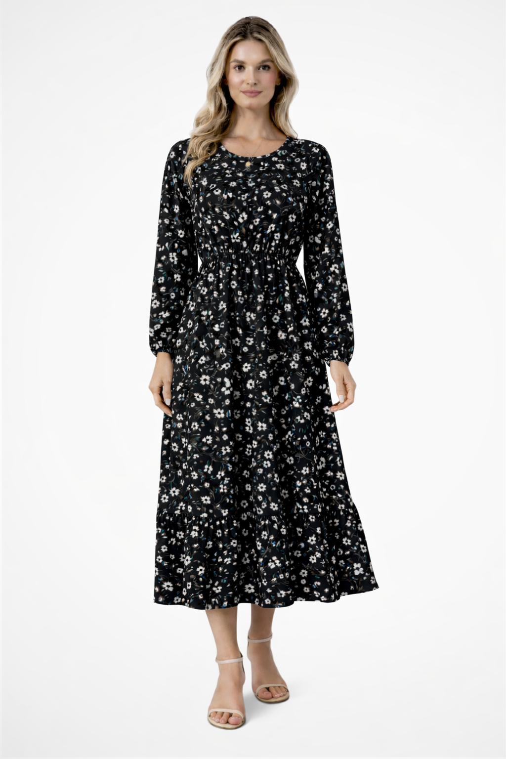 Women Floral Long-Sleeve Maxi Summer Boho Midi Dress – Modern Everyday Look – Blue – XL