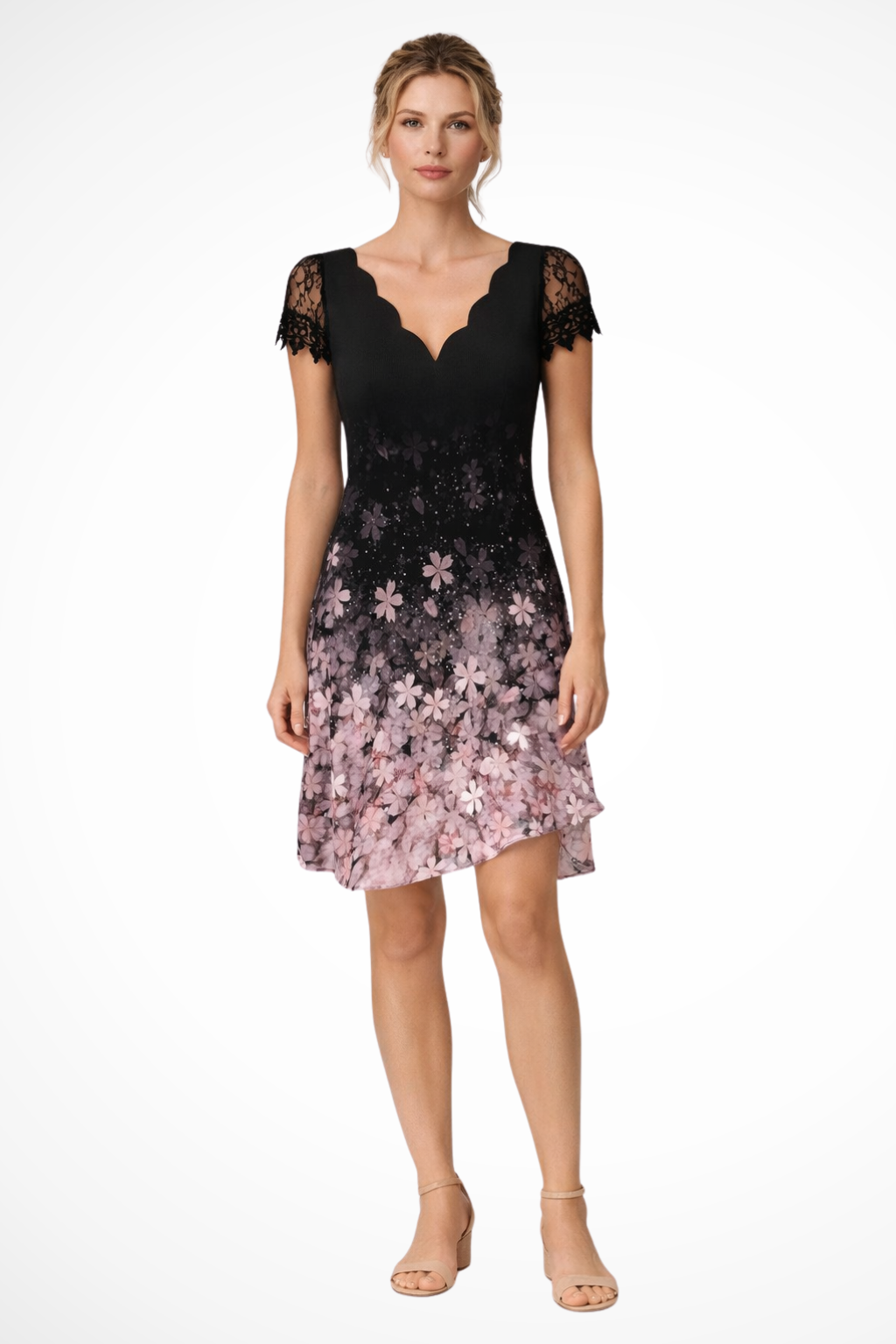Women Lace Sleeve Midi Wedding-Guest Dress – Modern Everyday Look – Black &amp; White – 2XL