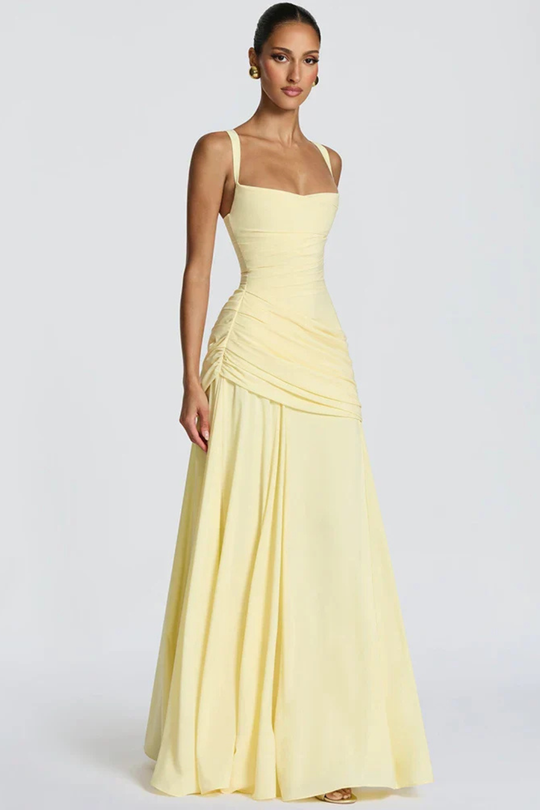 Women Square Neck Race Day Wedding-Guest Maxi Dress – Modern Everyday Look – Yellow – S
