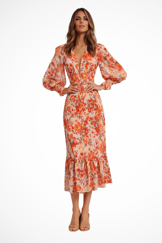 Women V-Neck Long-Sleeve Floral Summer Midi Dress – Modern Everyday Look – Orange – XS