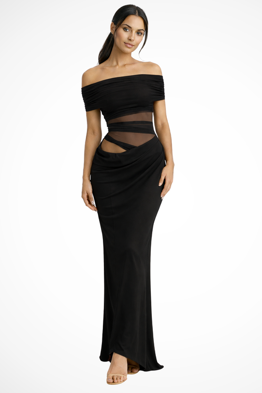 Women Off Shoulder Ruched Mesh Bodycon Wedding-Guest Maxi Dress – Modern Everyday Look – Yellow – 2XL