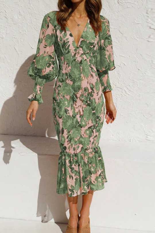 Women V-Neck Long-Sleeve Floral Summer Midi Dress – Modern Everyday Look – Orange – 2XL