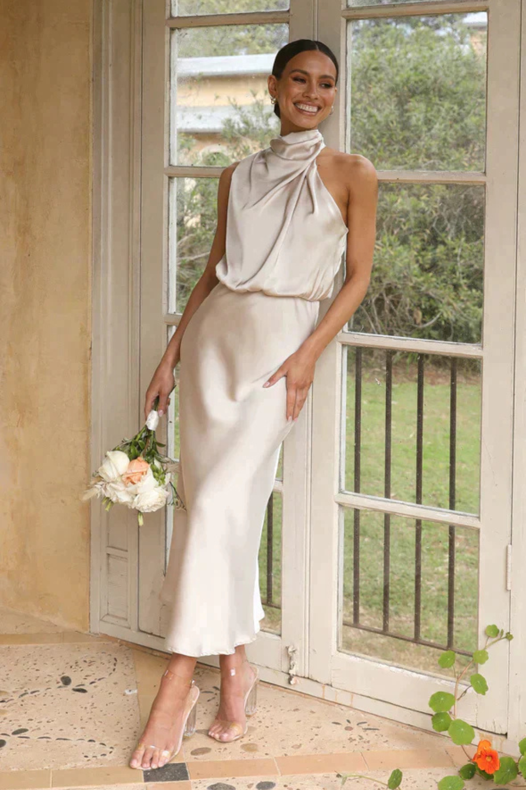 Women Halter Neck Midi Dress Satin Wedding-Guest Dress – Modern Everyday Look – Champagne – S
