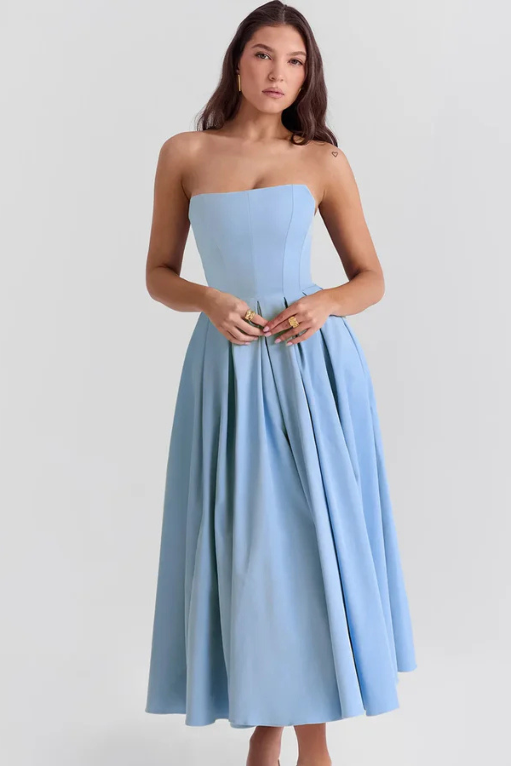 Women Strapless Corset Midi Dress with Flared Skirt – Modern Everyday Look – White – XL