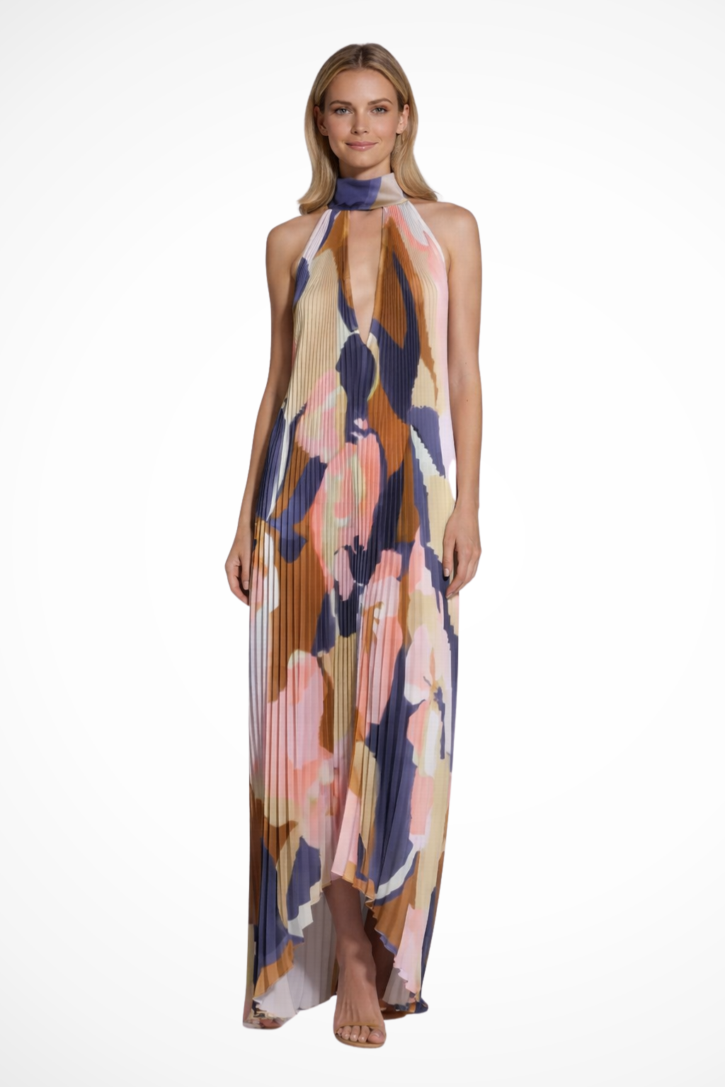 Women Printed Pleated Halter Neck Wedding-Guest Maxi Dress – Modern Everyday Look – Light Pink – XS