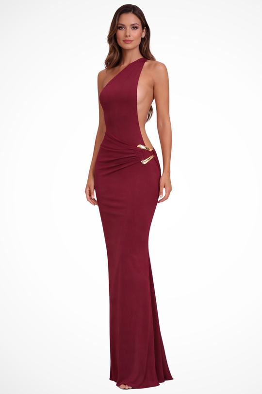 Women One-Shoulder Backless Bodycon Summer Wedding-Guest Maxi Dress – Modern Everyday Look – Burgundy – XS