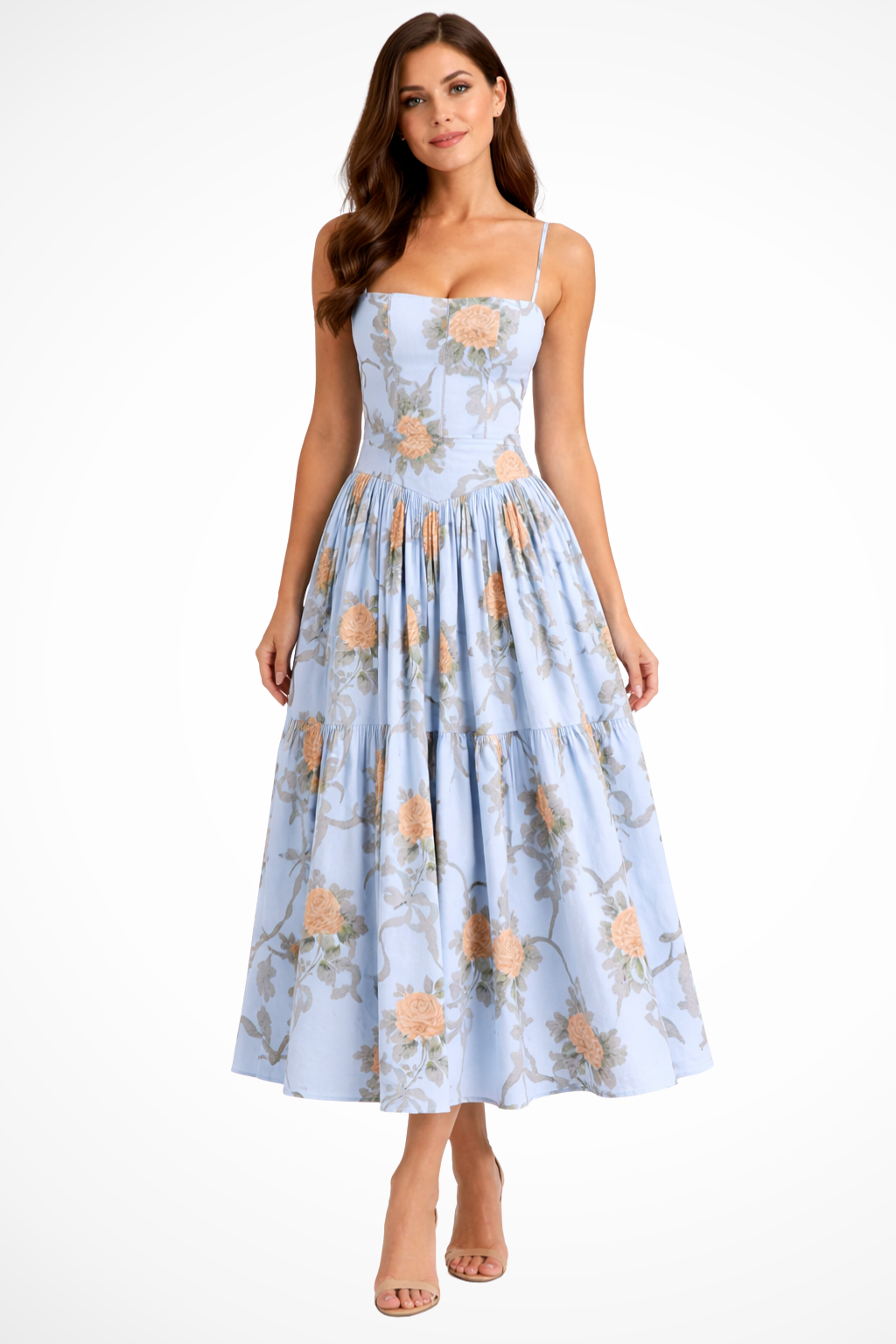 Women Tiered Summer Wedding-Guest Floral Midi Dress – Modern Everyday Look – White Print – M
