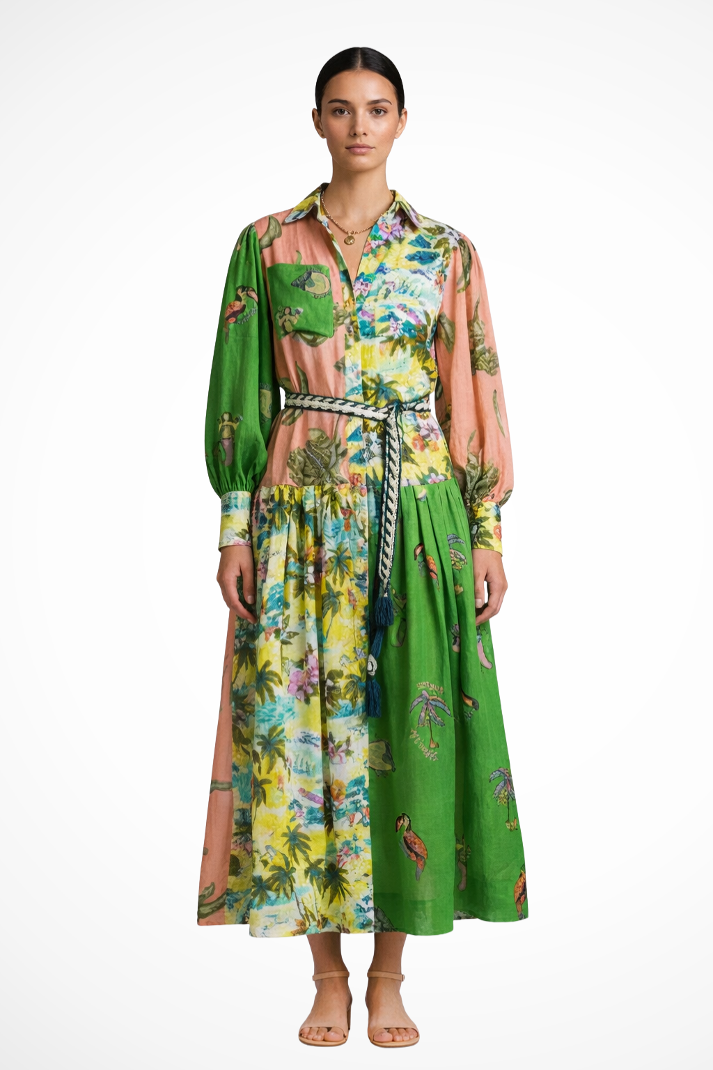 Women Long-Sleeve V-Neck Printed Tiered Maxi Dress – Modern Everyday Look – Green – L