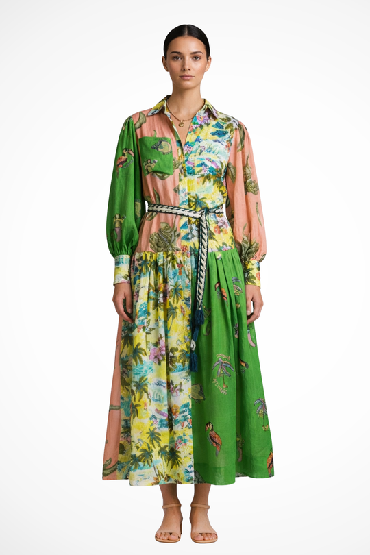 Women Long-Sleeve V-Neck Printed Tiered Maxi Dress – Modern Everyday Look – Green – L