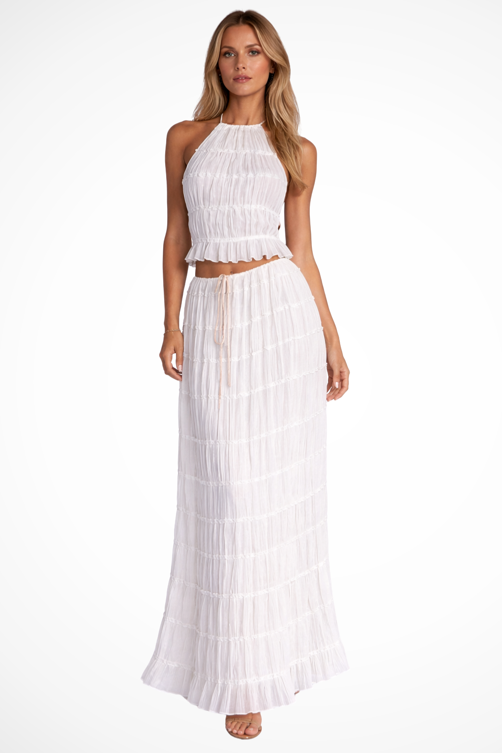 Women Ruched Halter Top and Maxi Skirt 2 Piece Set – Modern Everyday Look – White – XS