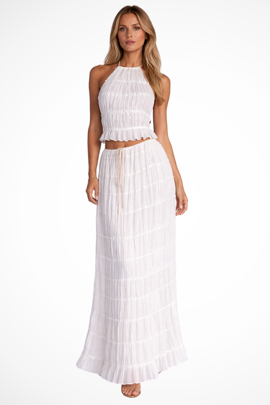 Women Ruched Halter Top and Maxi Skirt 2 Piece Set – Modern Everyday Look – White – XS