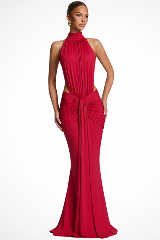 Women High Neck Backless Ruched Wedding-Guest Maxi Dress – Modern Everyday Look – Coffee – 2XL