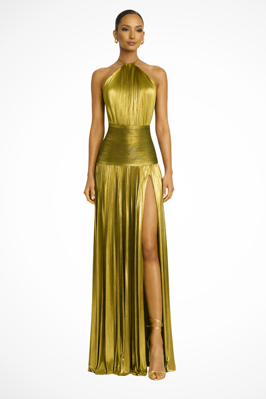 Women Halter Neck Pleated Satin Wedding-Guest Maxi Dress – Modern Everyday Look – Gold – XS