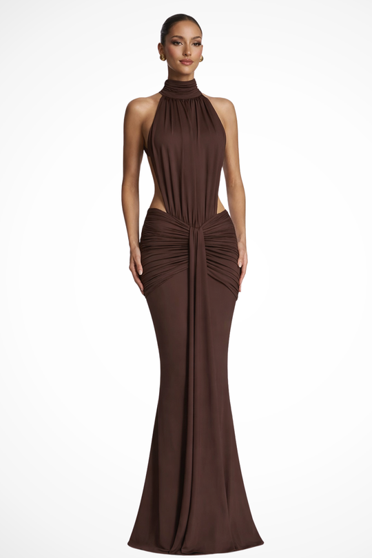 Women Halter Neck Backless Ruched Bodycon Weddign Guest Maxi Dress – Modern Everyday Look – Red – XS