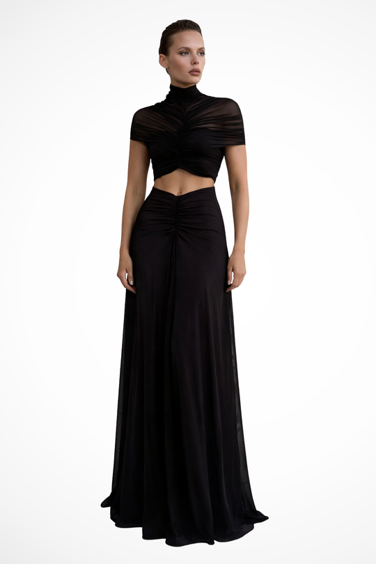 Women Short-Sleeve Cut Out High Neck Ruched Wedding-Guest Maxi Dress – Modern Everyday Look – Black – XS