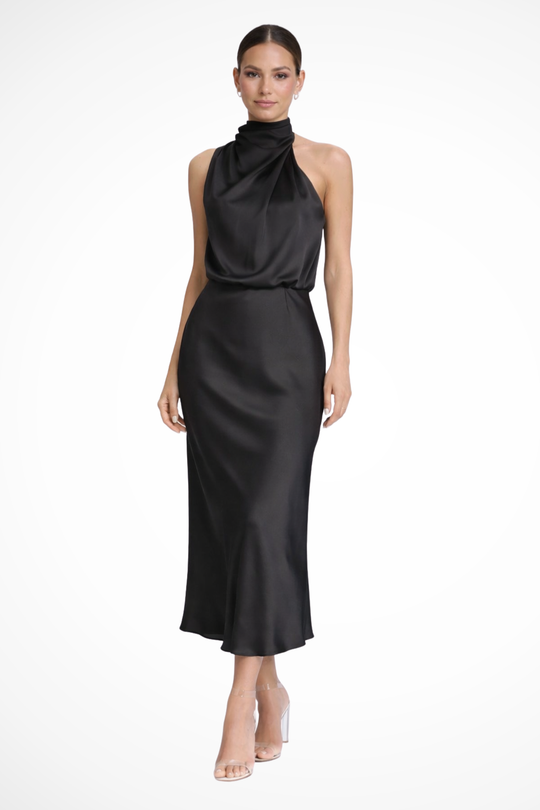 Women Halter Neck Midi Dress Satin Wedding-Guest Dress – Modern Everyday Look – Pink – XS