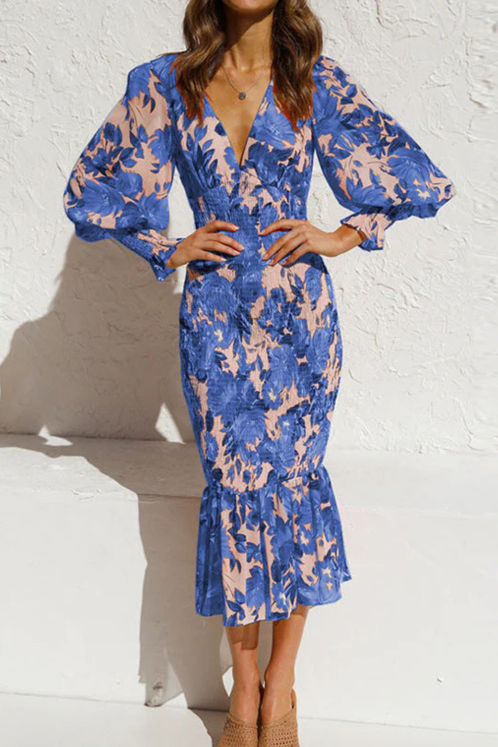Women V-Neck Long-Sleeve Floral Summer Midi Dress – Modern Everyday Look – Orange – L