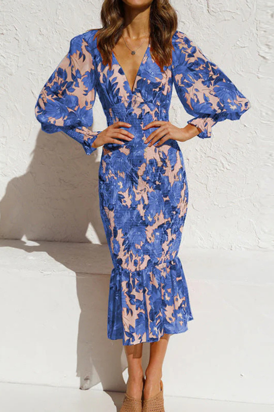 Women V-Neck Long-Sleeve Floral Summer Midi Dress – Modern Everyday Look – Orange – L
