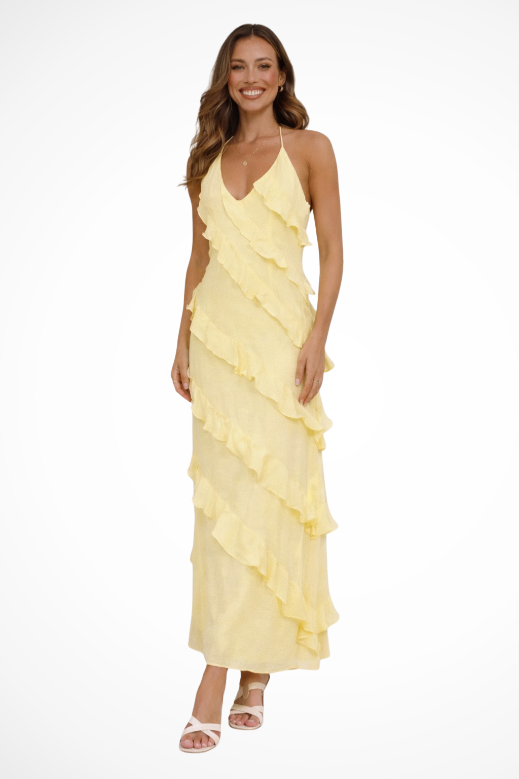 Women Halter Neck Ruffle Summer Maxi Dress – Modern Everyday Look – Yellow – XS