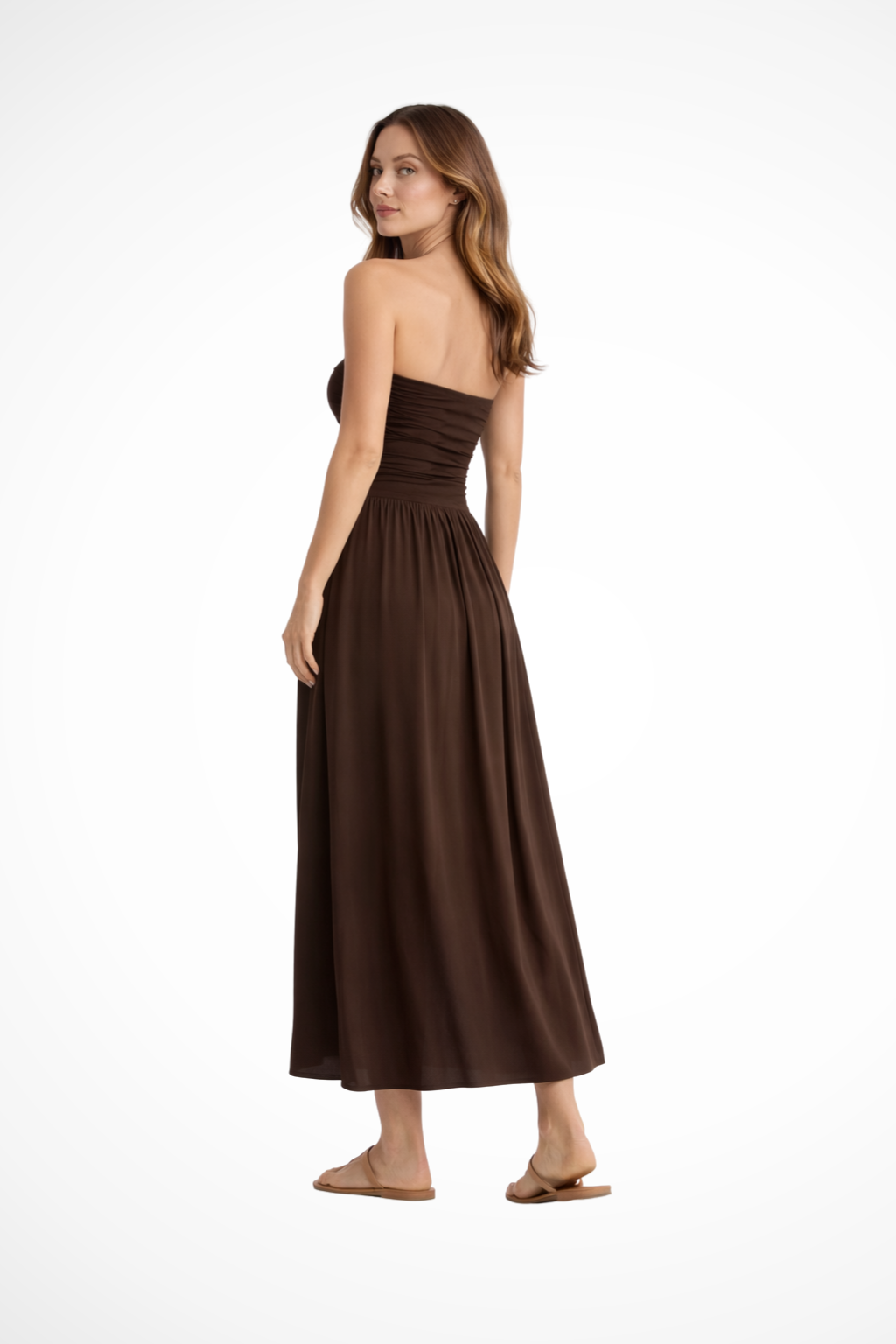 Women Strapless Pleated Maxi Summer Dress – Modern Everyday Look – Brown – S