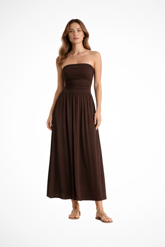 Women Strapless Pleated Maxi Summer Dress – Modern Everyday Look – Brown – XS