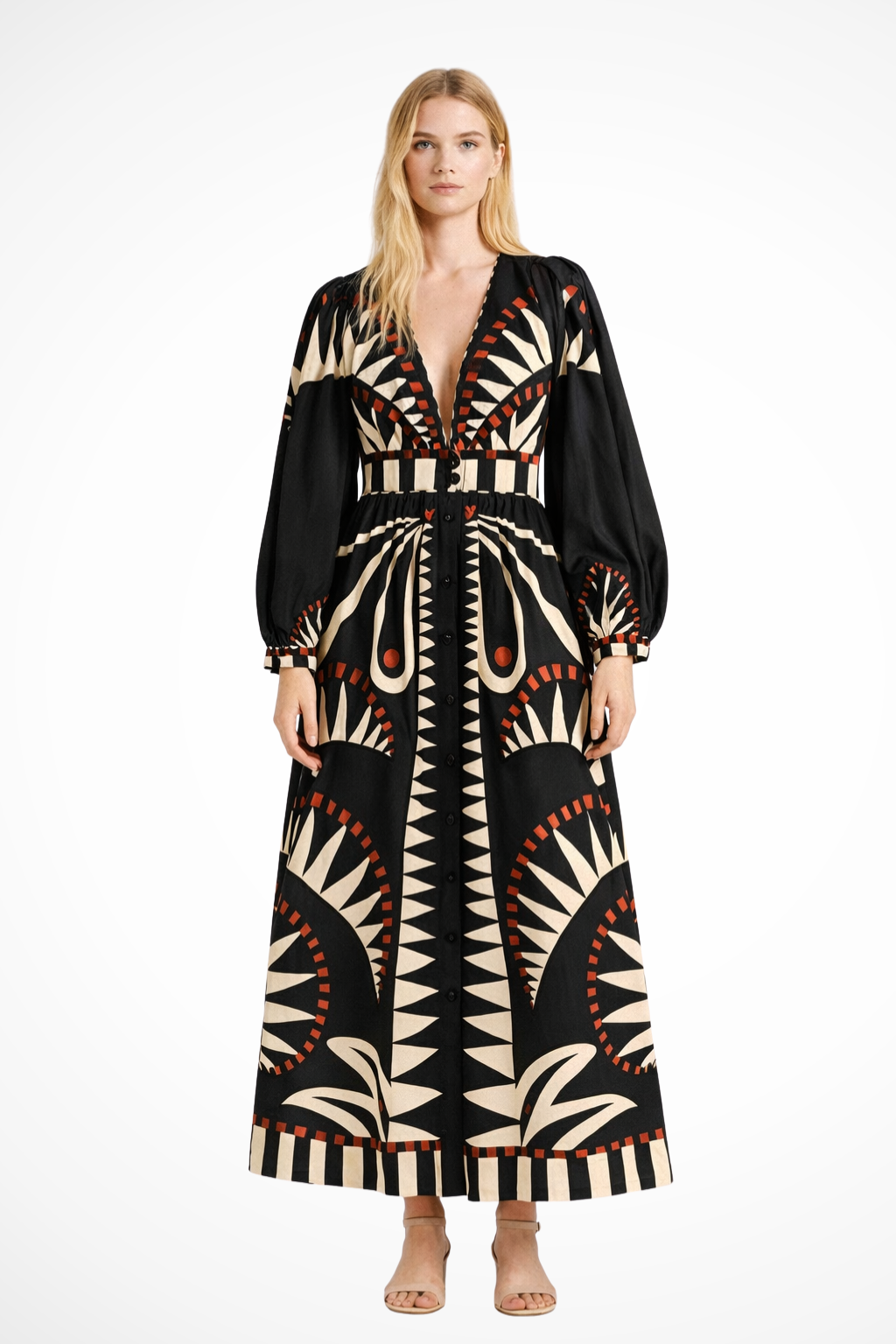 Women Long-Sleeve V-Neck Printed Tiered Maxi Dress – Modern Everyday Look – Dark Green – L