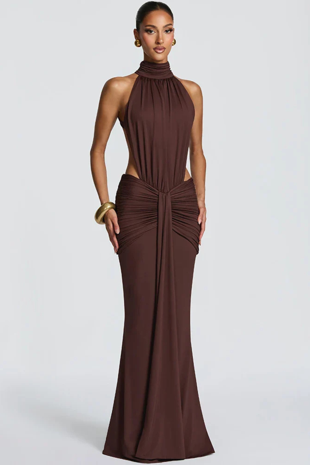 Women Halter Neck Backless Ruched Bodycon Weddign Guest Maxi Dress – Modern Everyday Look – Red – S